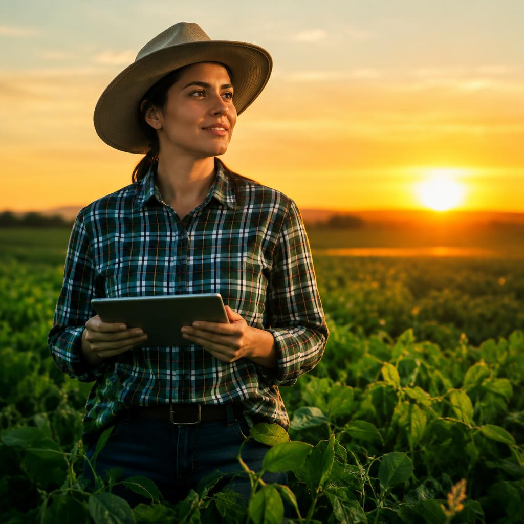 Profissional do agro em lavoura ao pôr do sol